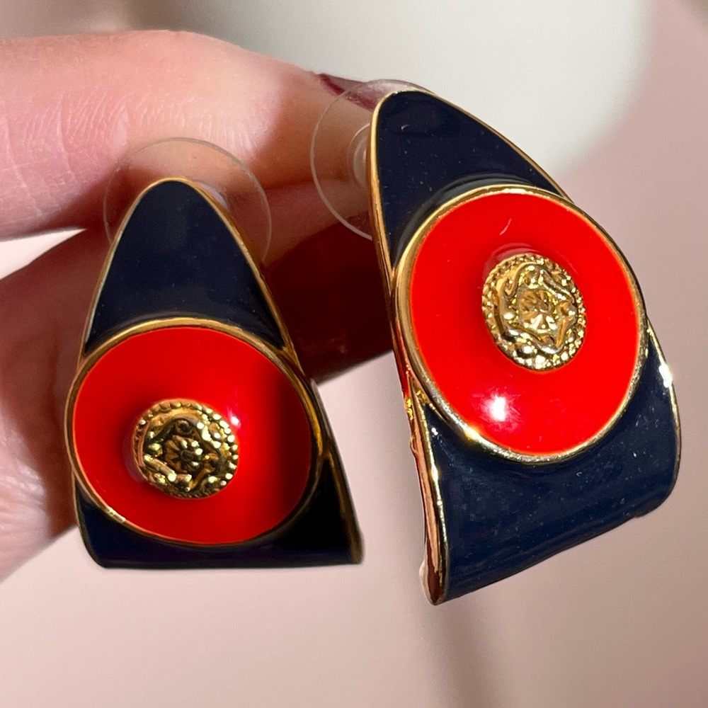 Vintage 1980 90 retro Heavy Gold Red Blue Byzantine oversized Half hoop Earrings - Picture 7 of 13